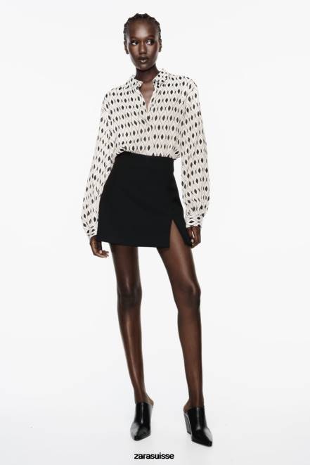 Zara vêtements P66V331 femmes chemise en satin à imprimé géométrique écru/noir