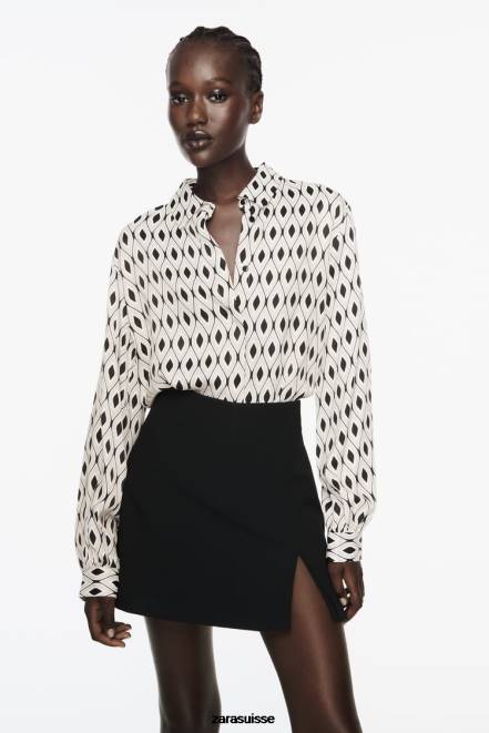 Zara vêtements P66V331 femmes chemise en satin à imprimé géométrique écru/noir