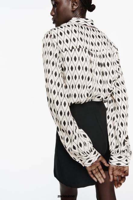Zara vêtements P66V331 femmes chemise en satin à imprimé géométrique écru/noir