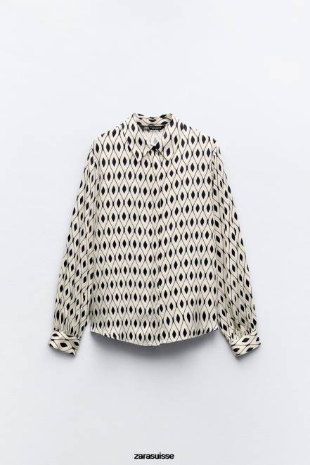 Zara vêtements P66V331 femmes chemise en satin à imprimé géométrique écru/noir