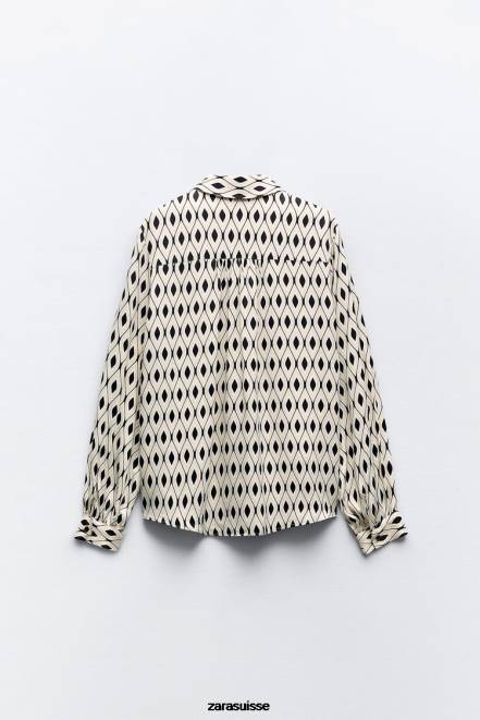 Zara vêtements P66V331 femmes chemise en satin à imprimé géométrique écru/noir