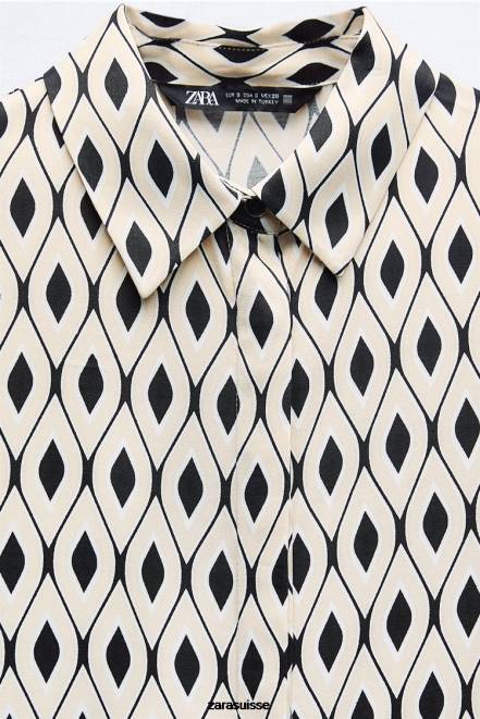 Zara vêtements P66V331 femmes chemise en satin à imprimé géométrique écru/noir