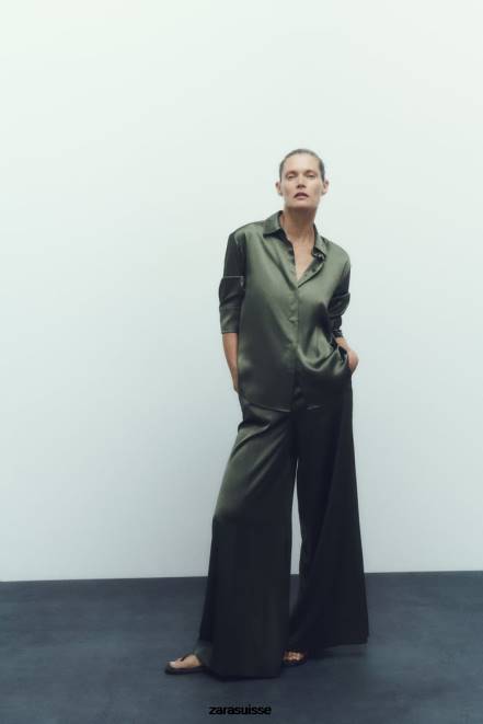 Zara vêtements P66V334 femmes chemise effet satiné vert foncé