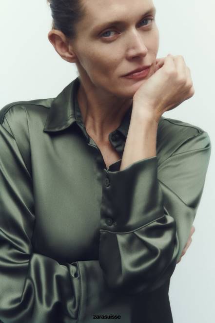Zara vêtements P66V334 femmes chemise effet satiné vert foncé