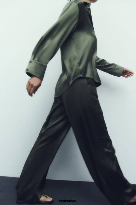 Zara vêtements P66V334 femmes chemise effet satiné vert foncé