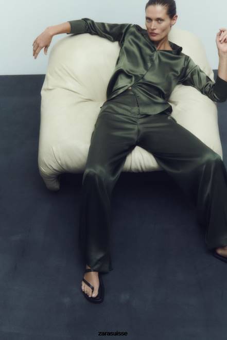 Zara vêtements P66V334 femmes chemise effet satiné vert foncé