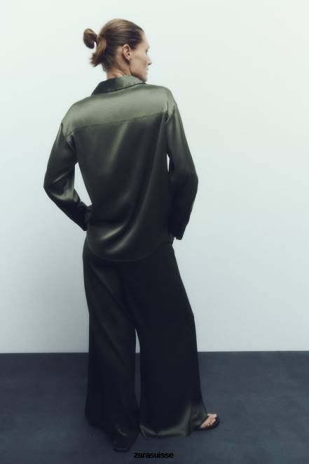 Zara vêtements P66V334 femmes chemise effet satiné vert foncé