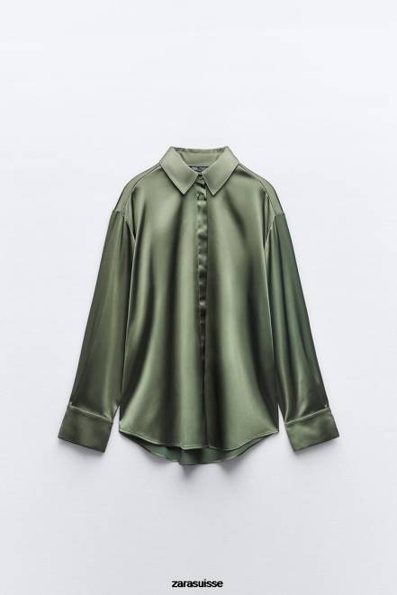 Zara vêtements P66V334 femmes chemise effet satiné vert foncé