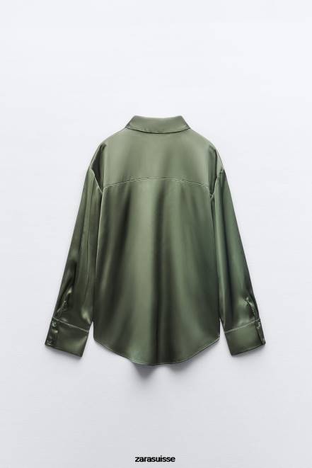 Zara vêtements P66V334 femmes chemise effet satiné vert foncé