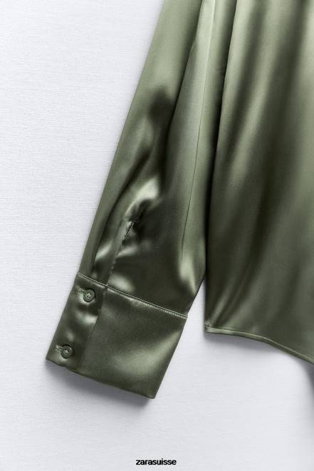 Zara vêtements P66V334 femmes chemise effet satiné vert foncé