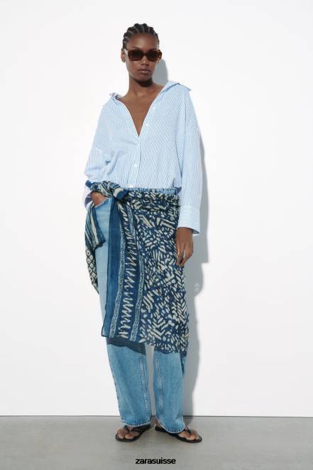 Zara vêtements P66V341 femmes chemise rayée en lin mélangé bleu blanc