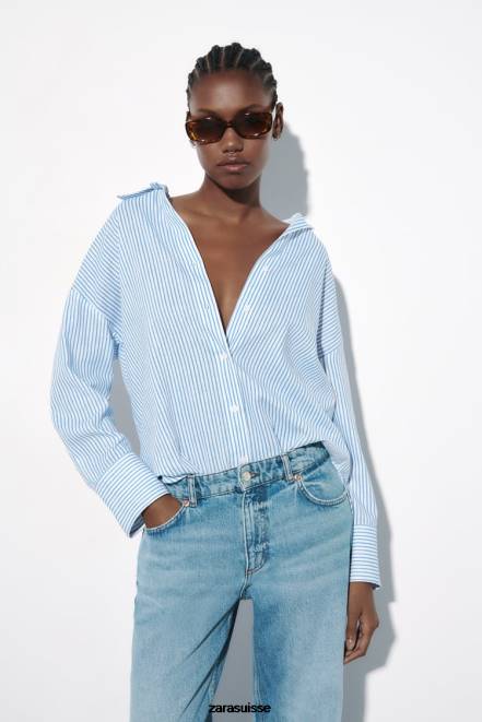Zara vêtements P66V341 femmes chemise rayée en lin mélangé bleu blanc