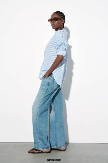 Zara vêtements P66V341 femmes chemise rayée en lin mélangé bleu blanc