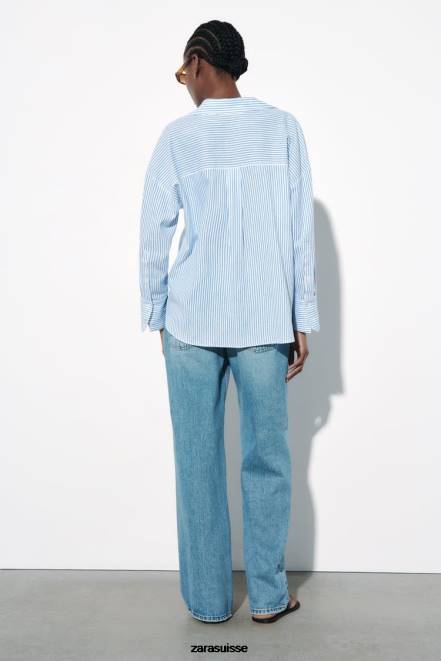 Zara vêtements P66V341 femmes chemise rayée en lin mélangé bleu blanc