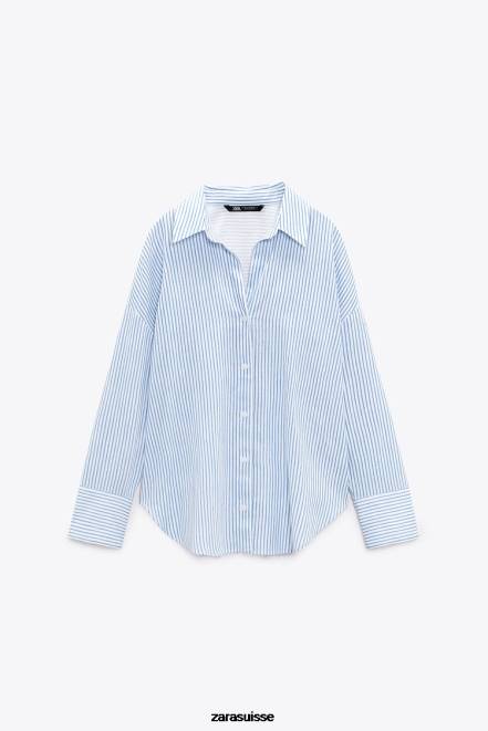 Zara vêtements P66V341 femmes chemise rayée en lin mélangé bleu blanc