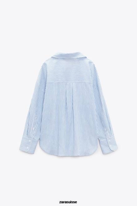 Zara vêtements P66V341 femmes chemise rayée en lin mélangé bleu blanc