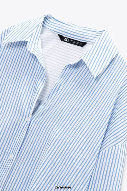 Zara vêtements P66V341 femmes chemise rayée en lin mélangé bleu blanc