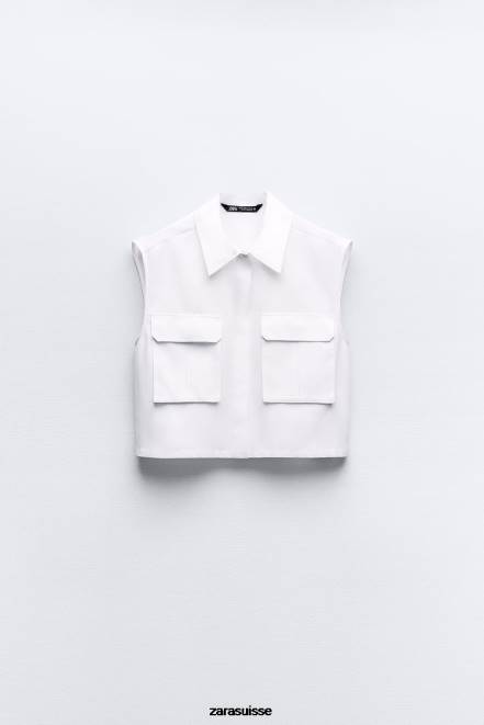 Zara vêtements P66V345 femmes chemise courte à poches plaquées blanc