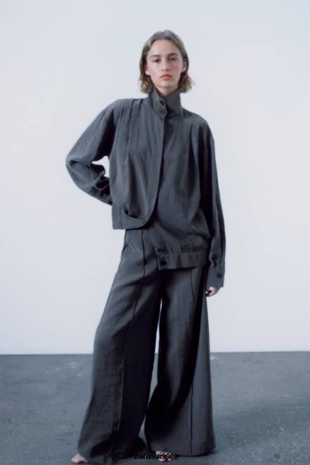 Zara vêtements P66V347 femmes surchemise plissée gris