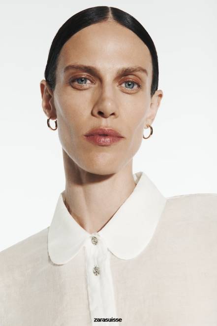 Zara vêtements P66V348 femmes chemise bijou semi-transparente écru