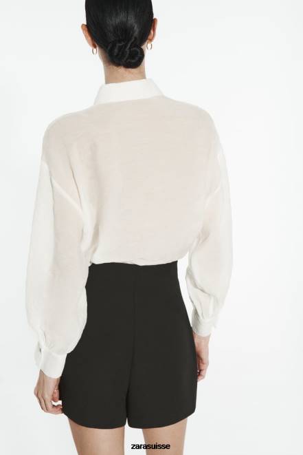 Zara vêtements P66V348 femmes chemise bijou semi-transparente écru