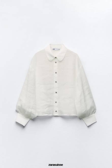 Zara vêtements P66V348 femmes chemise bijou semi-transparente écru