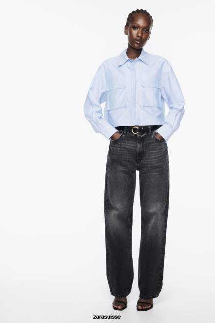 Zara vêtements P66V352 femmes chemise oxford courte bleu blanc