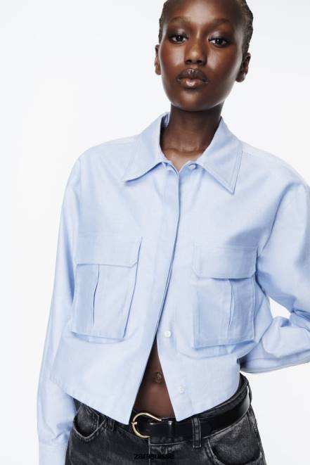 Zara vêtements P66V352 femmes chemise oxford courte bleu blanc