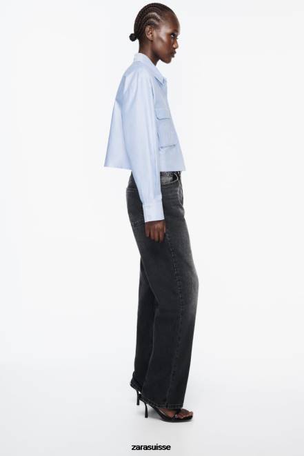 Zara vêtements P66V352 femmes chemise oxford courte bleu blanc