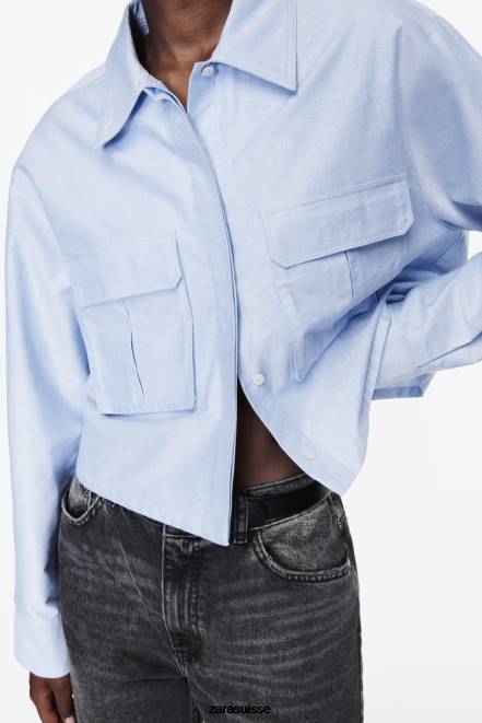 Zara vêtements P66V352 femmes chemise oxford courte bleu blanc