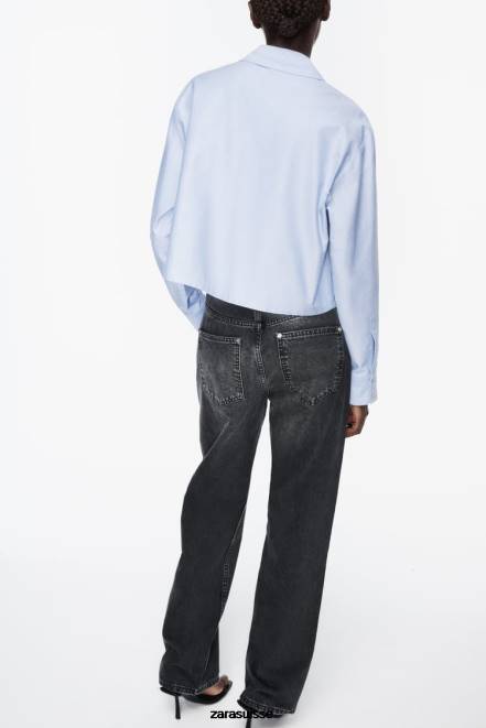 Zara vêtements P66V352 femmes chemise oxford courte bleu blanc