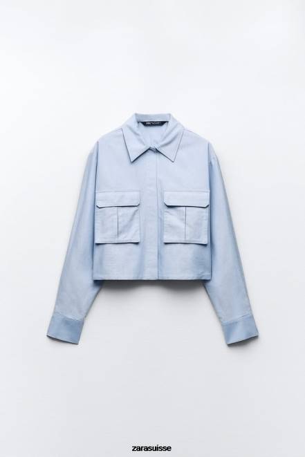 Zara vêtements P66V352 femmes chemise oxford courte bleu blanc
