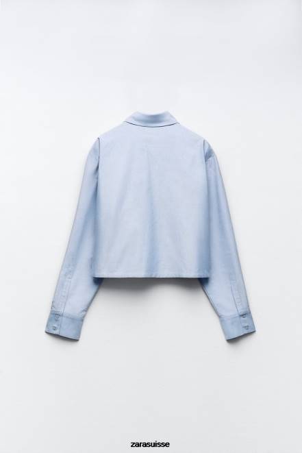 Zara vêtements P66V352 femmes chemise oxford courte bleu blanc