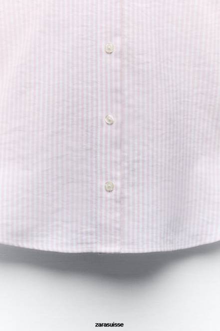 Zara vêtements P66V353 femmes chemise oxford en coton mélangé rose/blanc