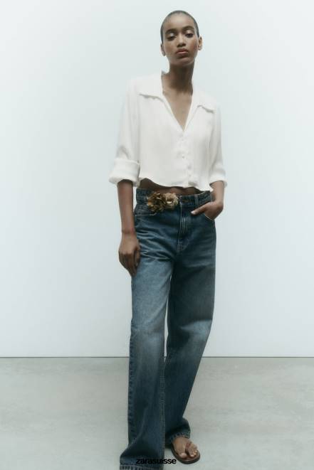 Zara vêtements P66V356 femmes chemise courte effet satiné blanc