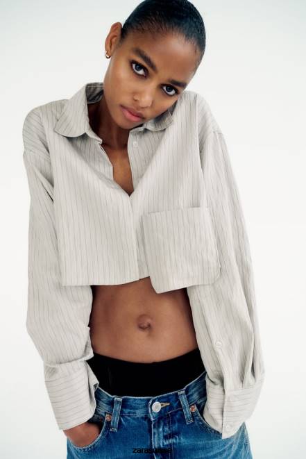 Zara vêtements P66V357 femmes chemise courte à rayures gris