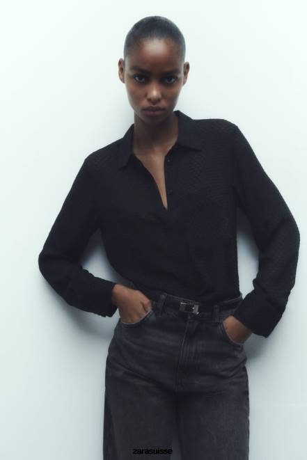 Zara vêtements P66V359 femmes chemise semi-transparente à textures mélangées noir
