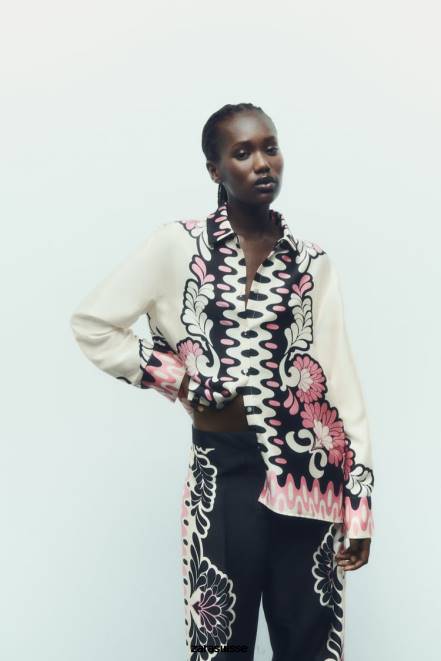 Zara vêtements P66V360 femmes chemise à imprimé floral écru/noir