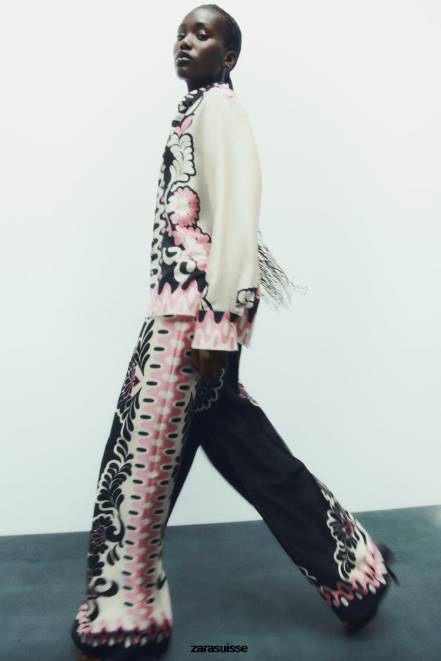 Zara vêtements P66V360 femmes chemise à imprimé floral écru/noir