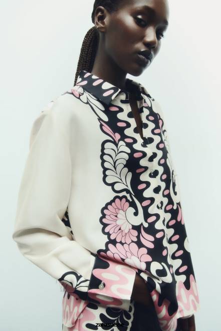 Zara vêtements P66V360 femmes chemise à imprimé floral écru/noir