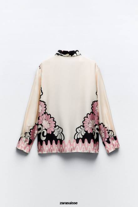 Zara vêtements P66V360 femmes chemise à imprimé floral écru/noir