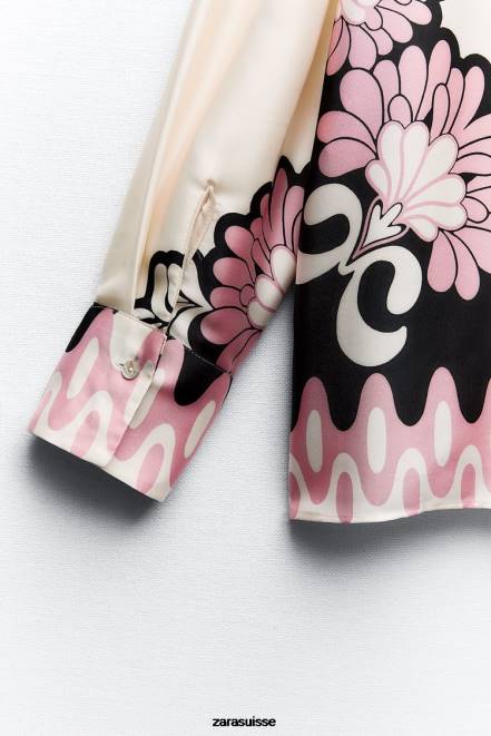 Zara vêtements P66V360 femmes chemise à imprimé floral écru/noir