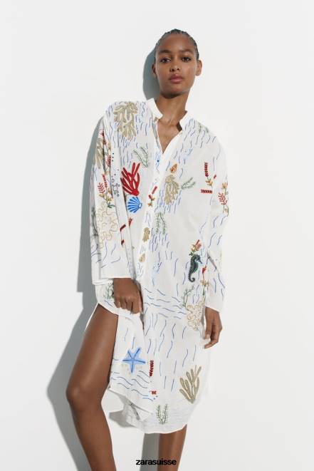 Zara vêtements P66V362 femmes blouse longue brodée blanc d'huître
