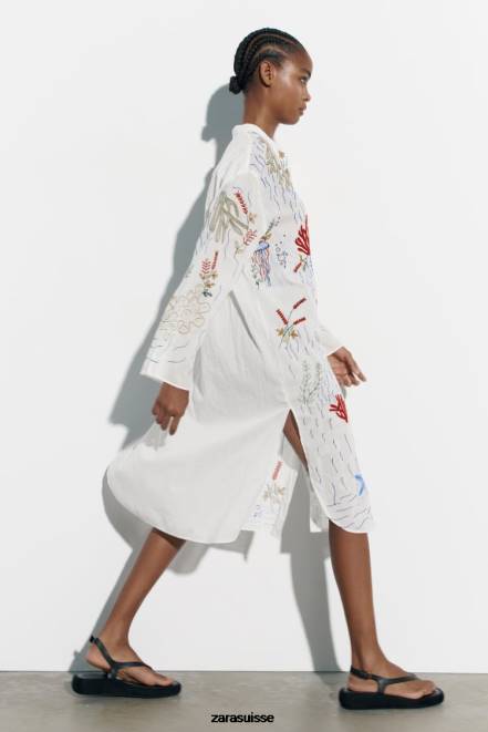 Zara vêtements P66V362 femmes blouse longue brodée blanc d'huître
