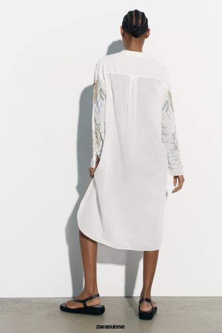 Zara vêtements P66V362 femmes blouse longue brodée blanc d'huître