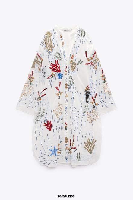 Zara vêtements P66V362 femmes blouse longue brodée blanc d'huître