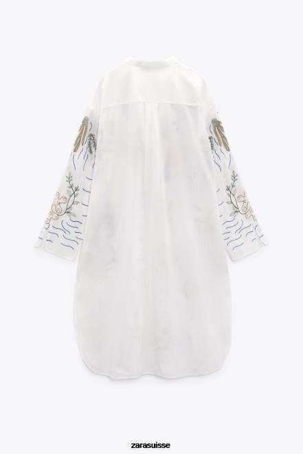 Zara vêtements P66V362 femmes blouse longue brodée blanc d'huître