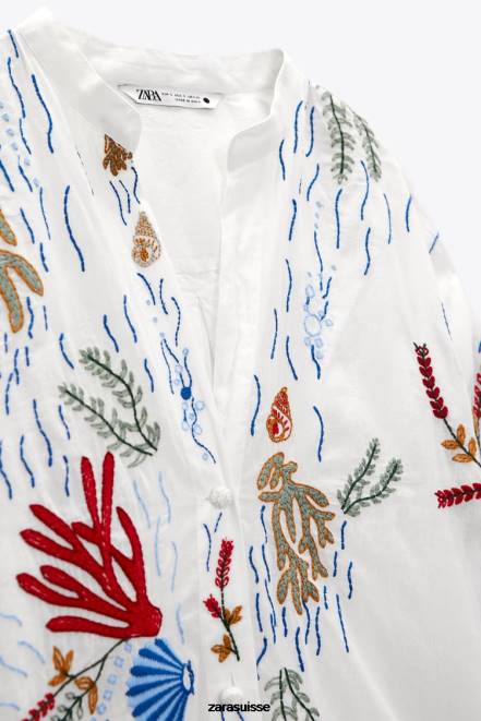 Zara vêtements P66V362 femmes blouse longue brodée blanc d'huître