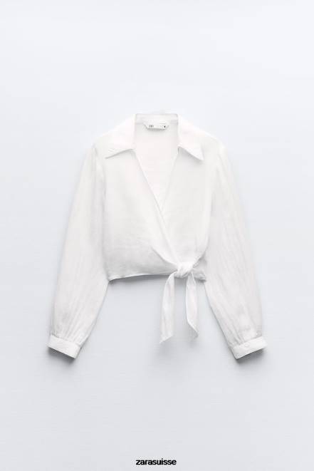 Zara vêtements P66V363 femmes chemise en lin nouée blanc