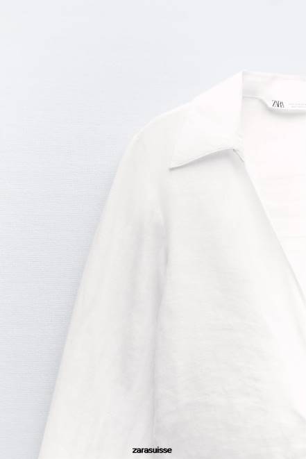 Zara vêtements P66V363 femmes chemise en lin nouée blanc